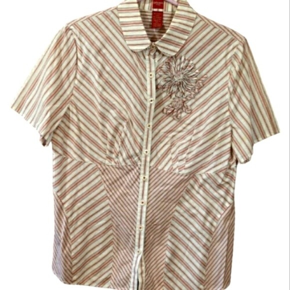 Olsen Europe Red White Striped Button Down Blouse Shirt Cotton Blend Size 12